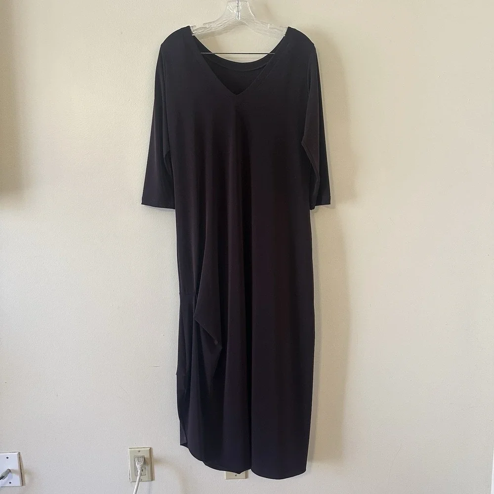 Sympli Womens Brown Purple Kaftan Maxi Drama Dress V Neck 3/4 Sleeve Size 10